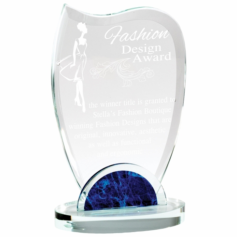 7-1/2 x 4-1/2 INCH OPTICAL CRYSTAL WAVE AWARD WITH BLUE MARBLEIZED BASE