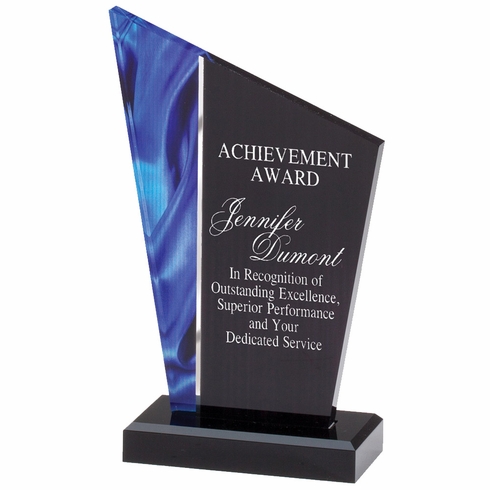 7-1/2 x 4-1/4 INCH ACRYLIC DECO PEAK AWARD WITH BLUE SWIRL REFLECTIVE BASE