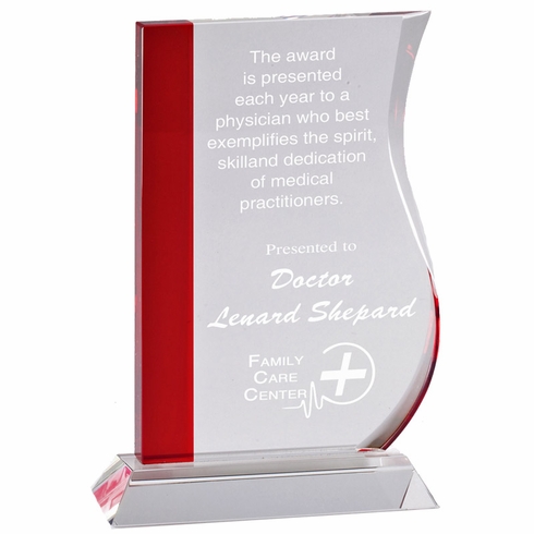 7-1/2 X 4-3/4 INCH RED OPTICAL CRYSTAL WAVE AWARD