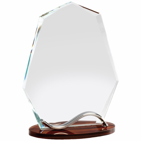 7-1/2 x 5-1/2 INCH OPTICAL CRYSTAL ARROW HEAD AWARD WITH BEVELED EDGES ON WOOD GRAIN BASE