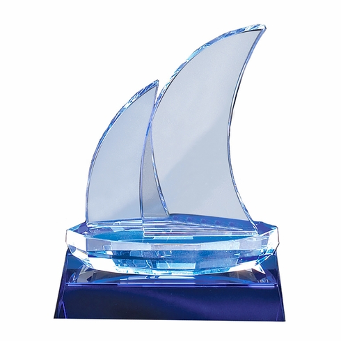 7-1/2 X 5-3/4 INCH BLUE OPTICAL SAILBOAT CRYSTAL SHAPE WITH BLUE TRIM