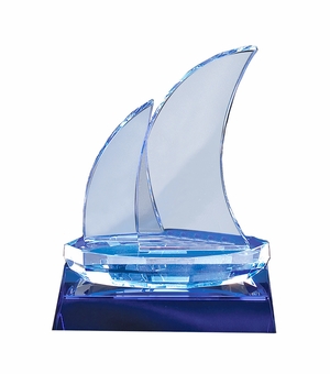 7-1/2 X 5-3/4 INCH BLUE OPTICAL SAILBOAT CRYSTAL SHAPE WITH BLUE TRIM