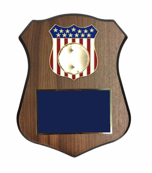 7-1/2 X 9-1/2 INCH POLICE SHIELD SHAPE PLAQUE WITH AMERICAN FLAG SHIELD