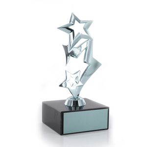 7-1/4" DIE CAST METAL TRIPLE SHOOTING STAR TROPHY POLISHED SILVER