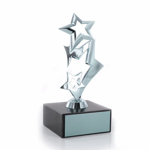 7-1/4" DIE CAST METAL TRIPLE SHOOTING STAR TROPHY POLISHED SILVER