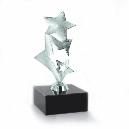 7-1/4" DIE CAST METAL TRIPLE SHOOTING STAR TROPHY POLISHED SILVER