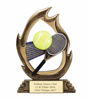 7-1/4" GAME OF TENNIS TROPHY HAND PAINTED RESIN TROPHY, ANTIQUE GOLD WITH GOLD ENGRAVING PLATE