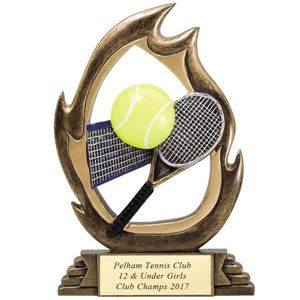 7-1/4" GAME OF TENNIS TROPHY HAND PAINTED RESIN TROPHY, ANTIQUE GOLD WITH GOLD ENGRAVING PLATE