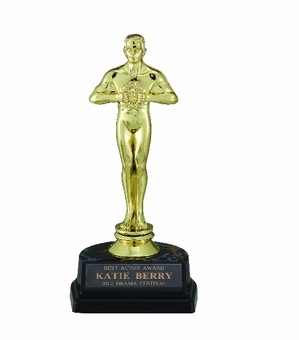 7-1/4 INCH BLACK AND GOLD TROPHY, ACHIEVEMENT FIGURE