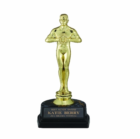7-1/4 INCH BLACK AND GOLD TROPHY, ACHIEVEMENT FIGURE