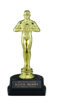 7-1/4 INCH BLACK AND GOLD TROPHY, ACHIEVEMENT FIGURE