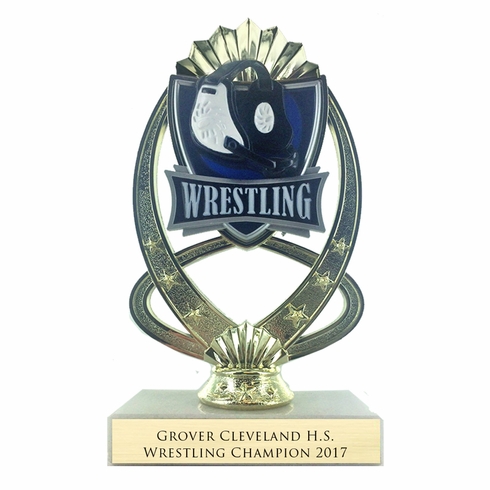 7-1/4 INCH FULL COLOR MODELED WRESTLING TROPHY ON MARBLE BASE