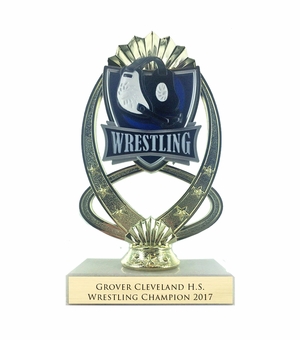 7-1/4 INCH FULL COLOR MODELED WRESTLING TROPHY ON MARBLE BASE