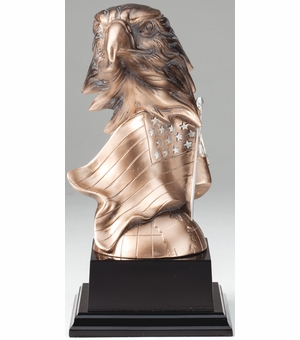 7-1/4 INCH RESIN EAGLE HEAD TROPHY WITH AMERICAN FLAG AND SILVER STARS ON BLACK BASE