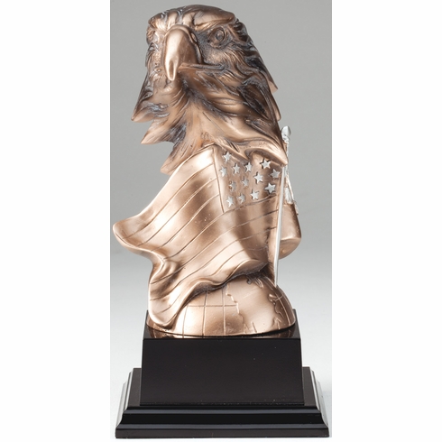 7-1/4 INCH RESIN EAGLE HEAD TROPHY WITH AMERICAN FLAG AND SILVER STARS ON BLACK BASE