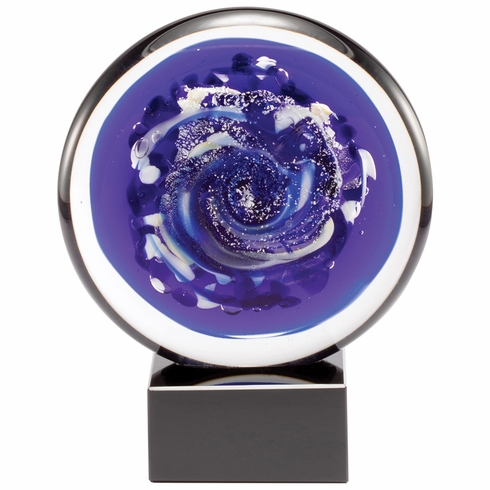 7-1/4 INCH ROUND HAND BLOWN BLUE GLASS AWARD WITH SWIRL PATTERN ON A BLACK CRYSTAL BASE