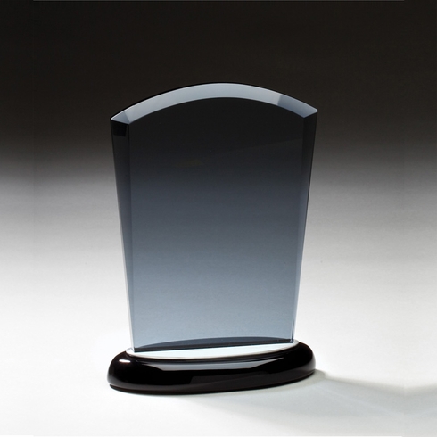 7-1/4 INCH SMOKED GLASS AWARD ON BLACK BASE WITH ALUMINUM ACCENTS