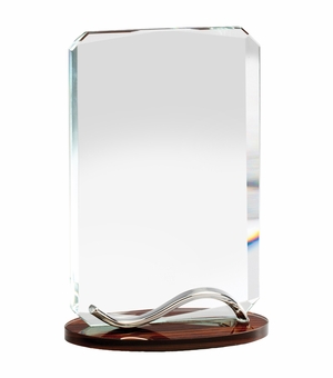 7-1/4 x 4-3/4 INCH OPTICAL CRYSTAL RECTANGLE AWARD WITH BEVELED EDGES ON WOOD GRAIN BASE