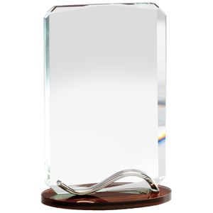 7-1/4 x 4-3/4 INCH OPTICAL CRYSTAL RECTANGLE AWARD WITH BEVELED EDGES ON WOOD GRAIN BASE