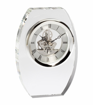 7-1/4 x 5 INCH OPTICAL CRYSTAL ELEGANT OVAL SKELETON QUARTZ DESK CLOCK