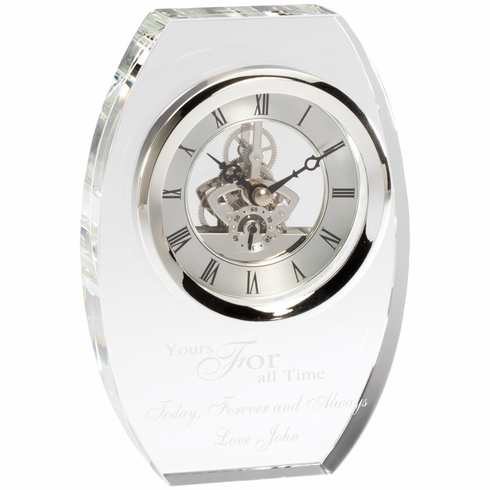 7-1/4 x 5 INCH OPTICAL CRYSTAL ELEGANT OVAL SKELETON QUARTZ DESK CLOCK