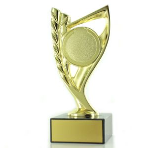 7-3/4" BRIGHT DIE CAST METAL WREATH RISER TROPHY HOLDS 2" MEDALLION INSERT ON BLACK MARBLE BASE