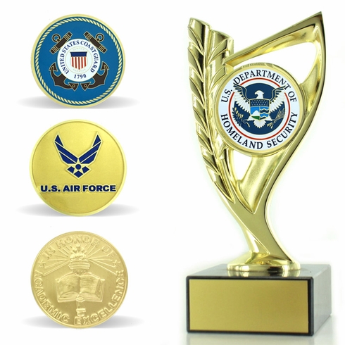 7-3/4" BRIGHT DIE CAST METAL WREATH RISER TROPHY HOLDS 2" MEDALLION INSERT ON BLACK MARBLE BASE