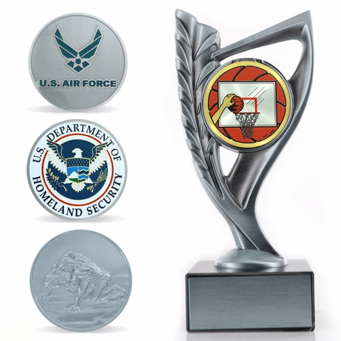 7-3/4" BRIGHT DIE CAST METAL WREATH RISER TROPHY HOLDS 2" MEDALLION INSERT ON BLACK MARBLE BASE