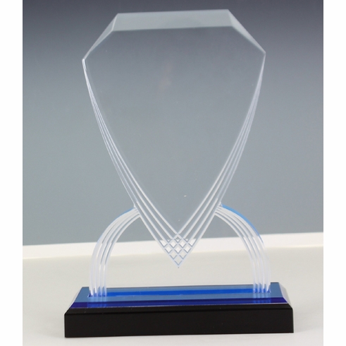 7-3/4 INCH ACRYLIC SHIELD TROPHY WITH BLUE REFLECTIVE BLACK BASE