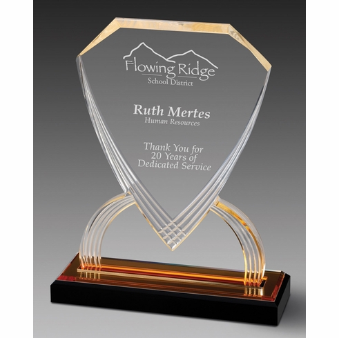 7-3/4 INCH ACRYLIC SHIELD TROPHY WITH GOLD REFLECTIVE BLACK BASE