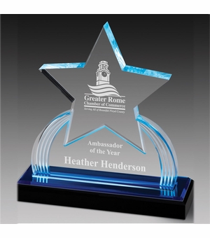 7-3/4 INCH ACRYLIC STAR TROPHY WITH BLUE REFLECTIVE BLACK BASE