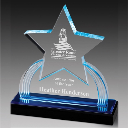7-3/4 INCH ACRYLIC STAR TROPHY WITH BLUE REFLECTIVE BLACK BASE