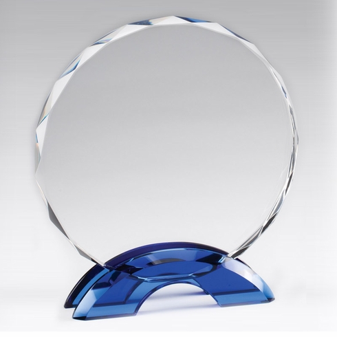 7-3/4 INCH BLUE DOUBLE ARCH W/ CUT & BEVELED EDGED CRYSTAL CIRCLE AWARD 