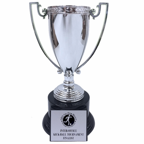 7-3/4 INCH HEIGHT DIE CAST SILVER METAL CUP TROPHY ON BLACK BASE
