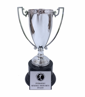 7-3/4 INCH HEIGHT DIE CAST SILVER METAL CUP TROPHY ON BLACK BASE