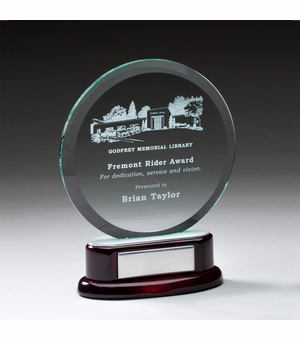 7-3/4 INCH ROUND BEVELED GLASS AWARD ON ROSEWOOD BASE W/ SILVER ENGRAVING PLATE