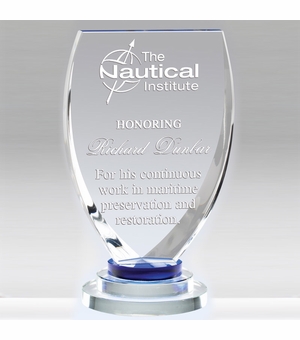 7-3/4 X 4 INCH OPTICAL CRYSTAL SHIELD AWARD WITH 3 RINGS BASE BLUE TINT
