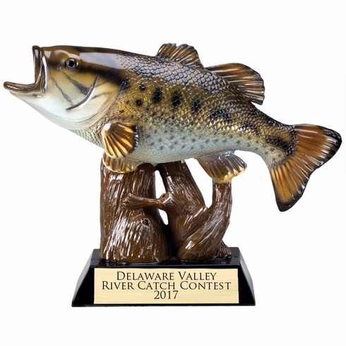 7-3/4" x 5-1/2" FULL COLOR BASS FISH TROPHY IN THE AIR ON BLACK BASE