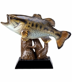 7-3/4" x 5-1/2" FULL COLOR BASS FISH TROPHY IN THE AIR ON BLACK BASE
