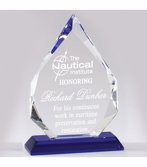 7-3/4 X 5 INCH ARROWHEAD OPTICAL CRYSTAL AWARD WITH BLUE BASE