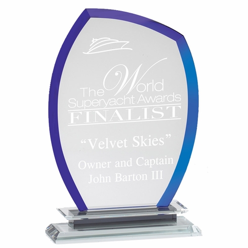 7-3/4 x 5 INCH OPTICAL CRYSTAL COOL BLUE FLAME AWARD