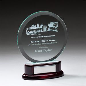 7-3/4 INCH ROUND BEVELED GLASS AWARD ON ROSEWOOD BASE W/ SILVER ENGRAVING PLATE