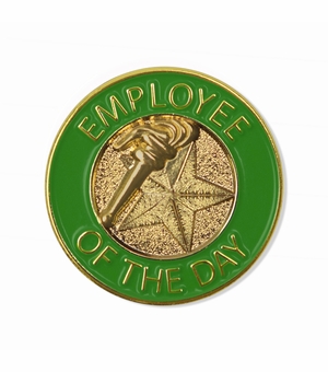 7/8 INCH BRIGHT GOLD GREEN "EMPLOYEE OF THE DAY" LAPEL PIN