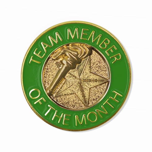 7/8 INCH BRIGHT GOLD GREEN "TEAM MEMBER OF THE MONTH" LAPEL PIN
