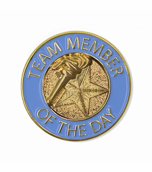 7/8 INCH BRIGHT GOLD LIGHT BLUE "TEAM MEMBER OF THE DAY" LAPEL PIN