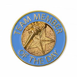 7/8 INCH BRIGHT GOLD LIGHT BLUE "TEAM MEMBER OF THE DAY" LAPEL PIN