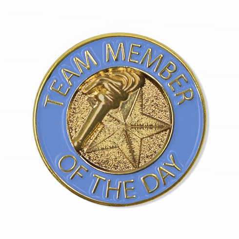 7/8 INCH BRIGHT GOLD LIGHT BLUE "TEAM MEMBER OF THE DAY" LAPEL PIN