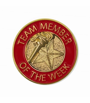 7/8 INCH BRIGHT GOLD RED "TEAM MEMBER OF THE WEEK" LAPEL PIN
