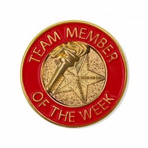 7/8 INCH BRIGHT GOLD RED "TEAM MEMBER OF THE WEEK" LAPEL PIN