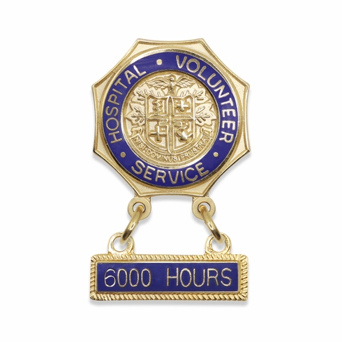 7/8 Inch Enameled Brass Hospital Volunteer Service "6000 Hours" Lapel Pin